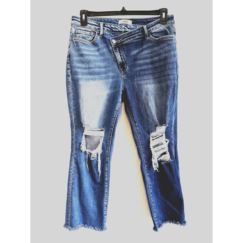 Ceros Distressed Straight Asymmetrical Front Woman's Jeans Size 30 Denim Blue‎